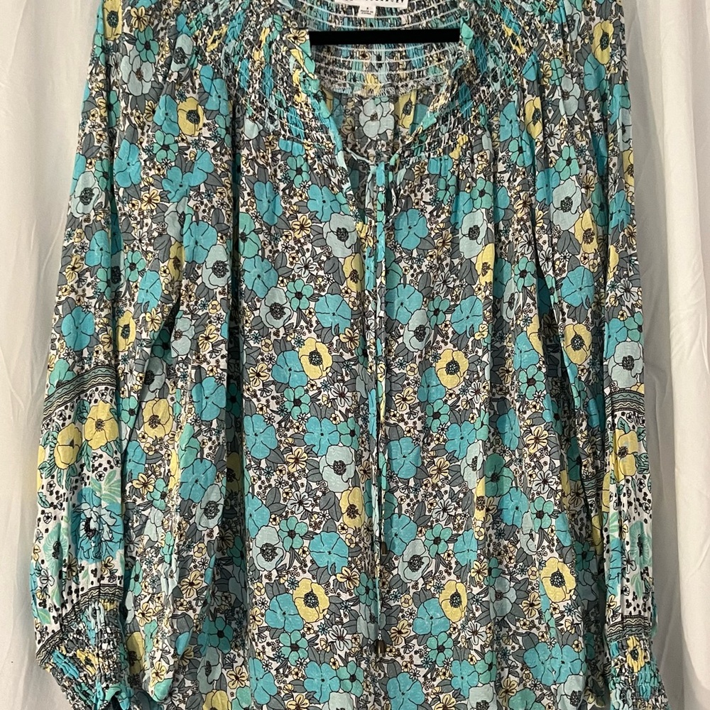 Jane and Delancey Blue and Yellow 3/4 Sleeve Blouse with Mandarin Collar